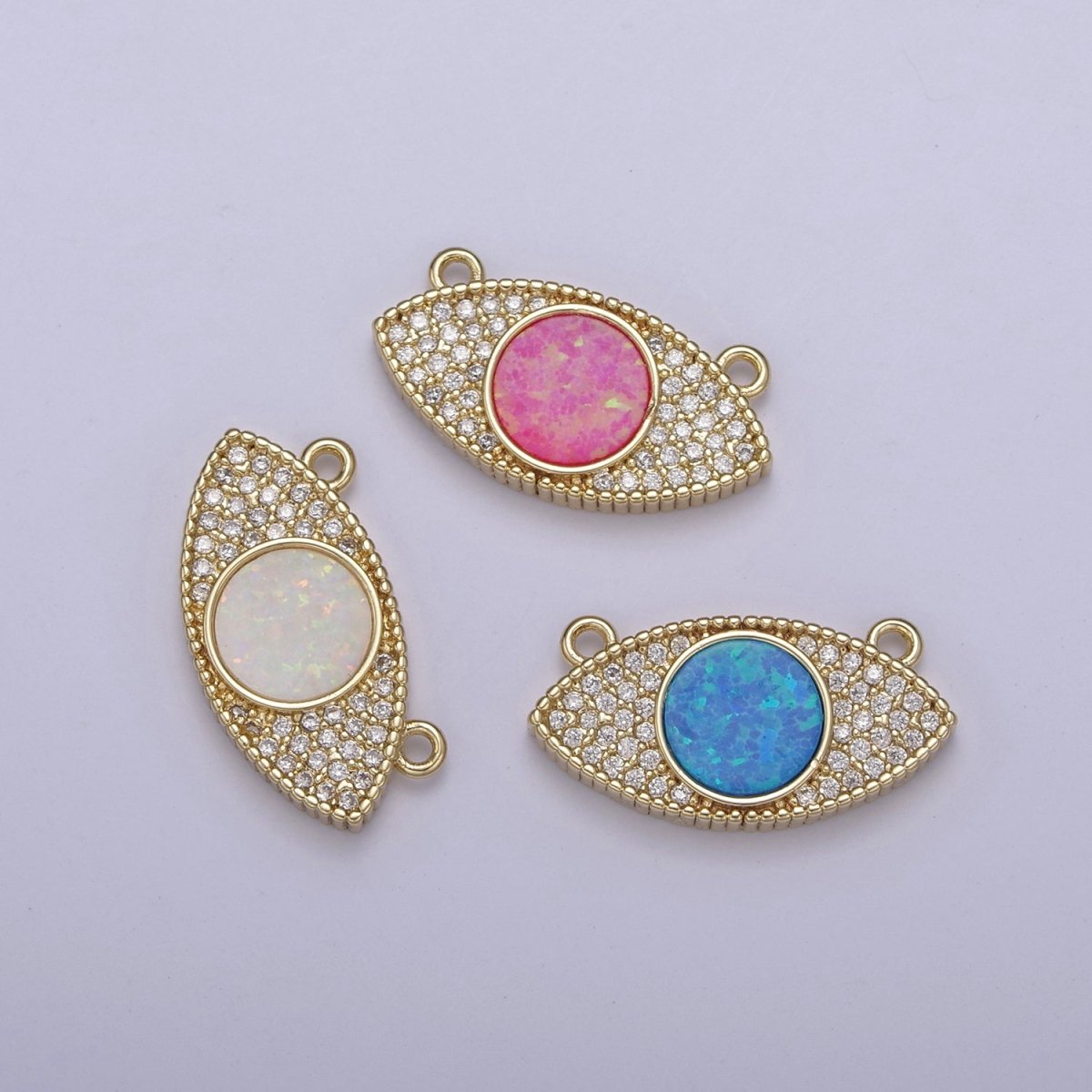 24K Gold Filled Evil Eye Opal Charm Connector, Evil Eye Link Connector CZ Greek Eye White / Blue / Pink  F-791 F-788 F-789