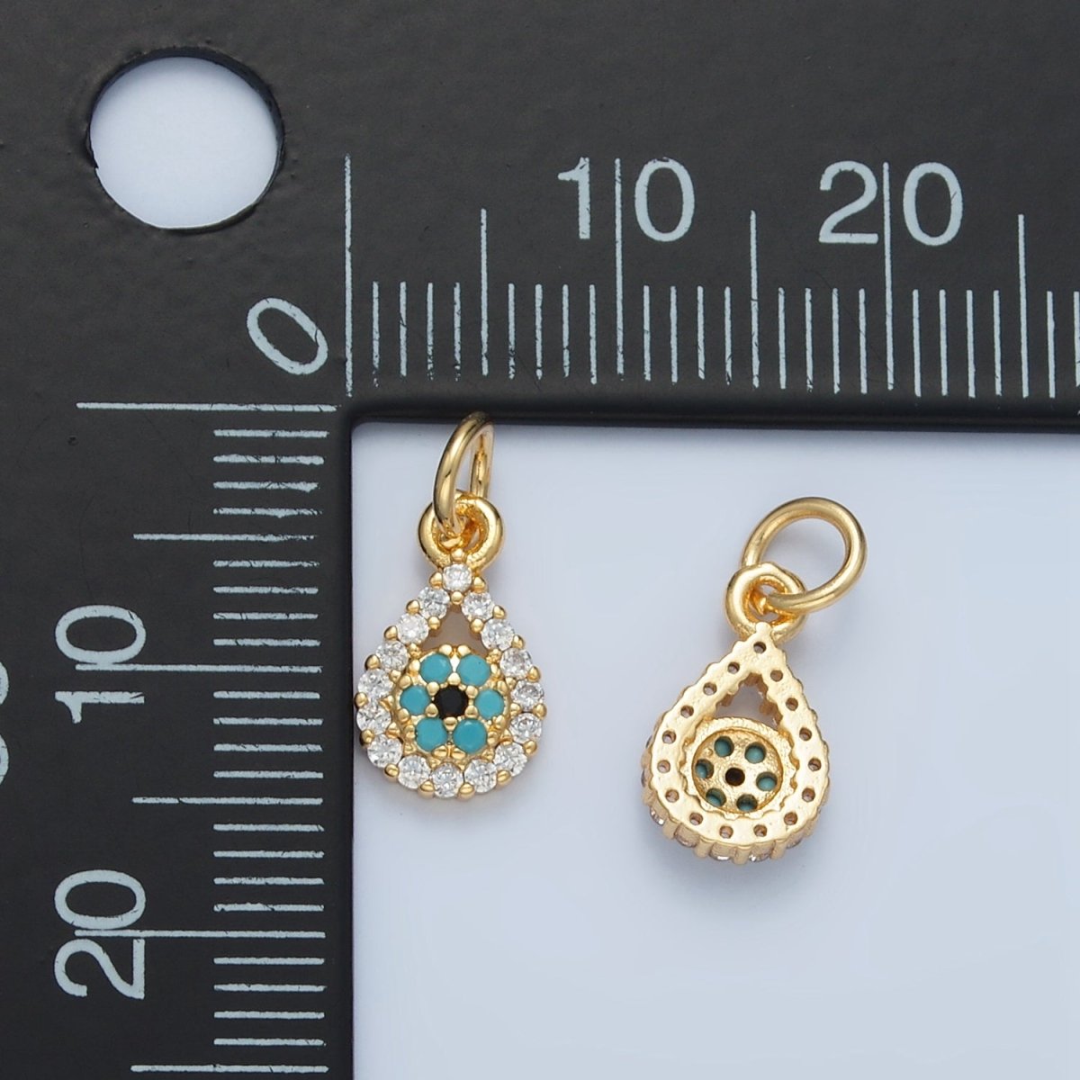 24K Gold Filled Evil Eye Open Teardrop Turquoise Micro Paved CZ Charm | X559 - DLUXCA