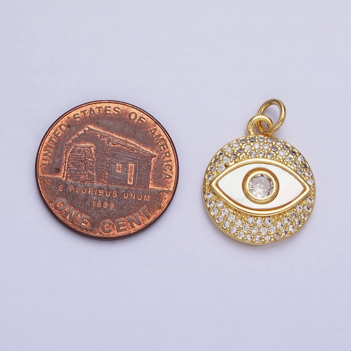 24K Gold Filled Evil Eye Shell Pearl Clear Micro Paved CZ Round Charm | AC590 - DLUXCA