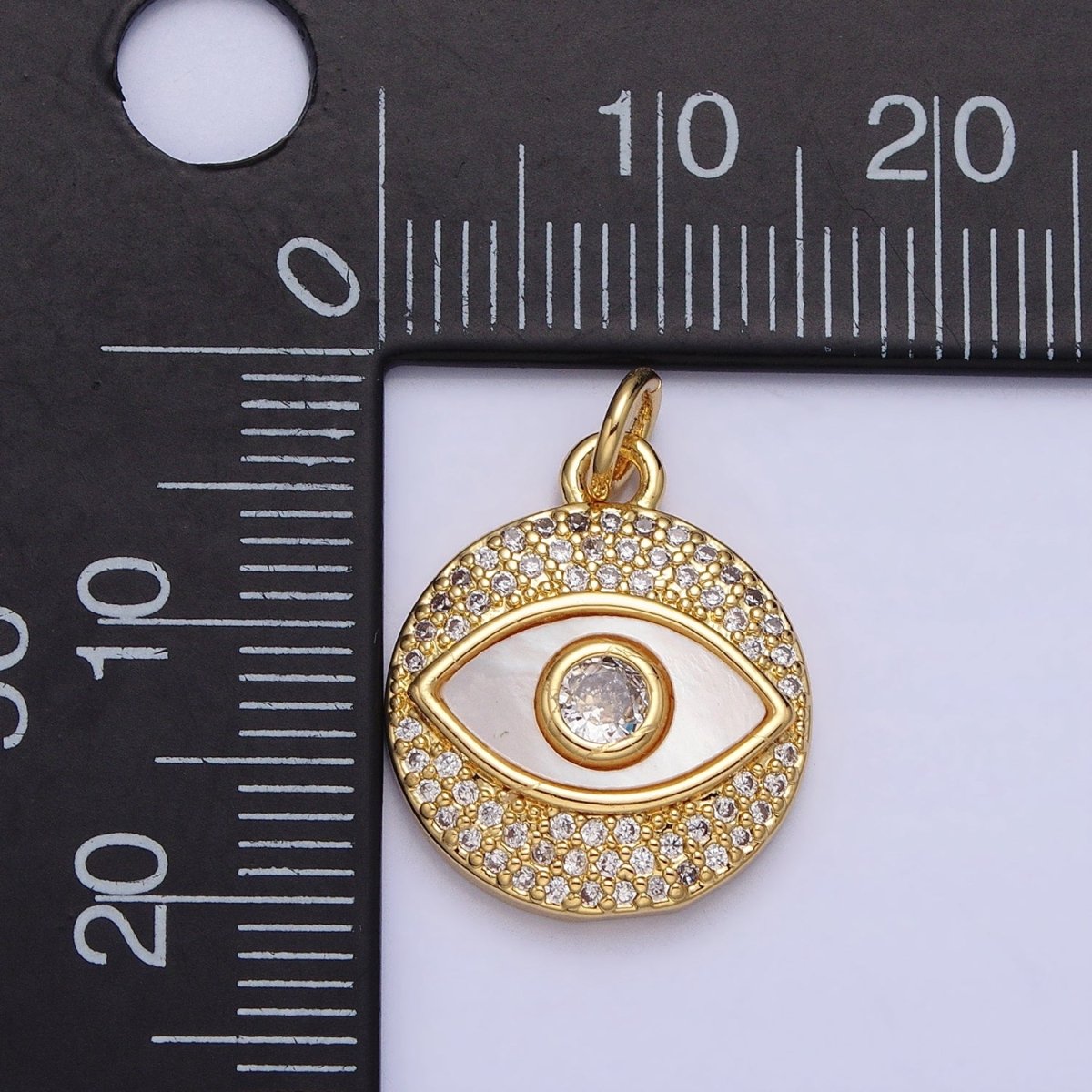 24K Gold Filled Evil Eye Shell Pearl Clear Micro Paved CZ Round Charm | AC590 - DLUXCA