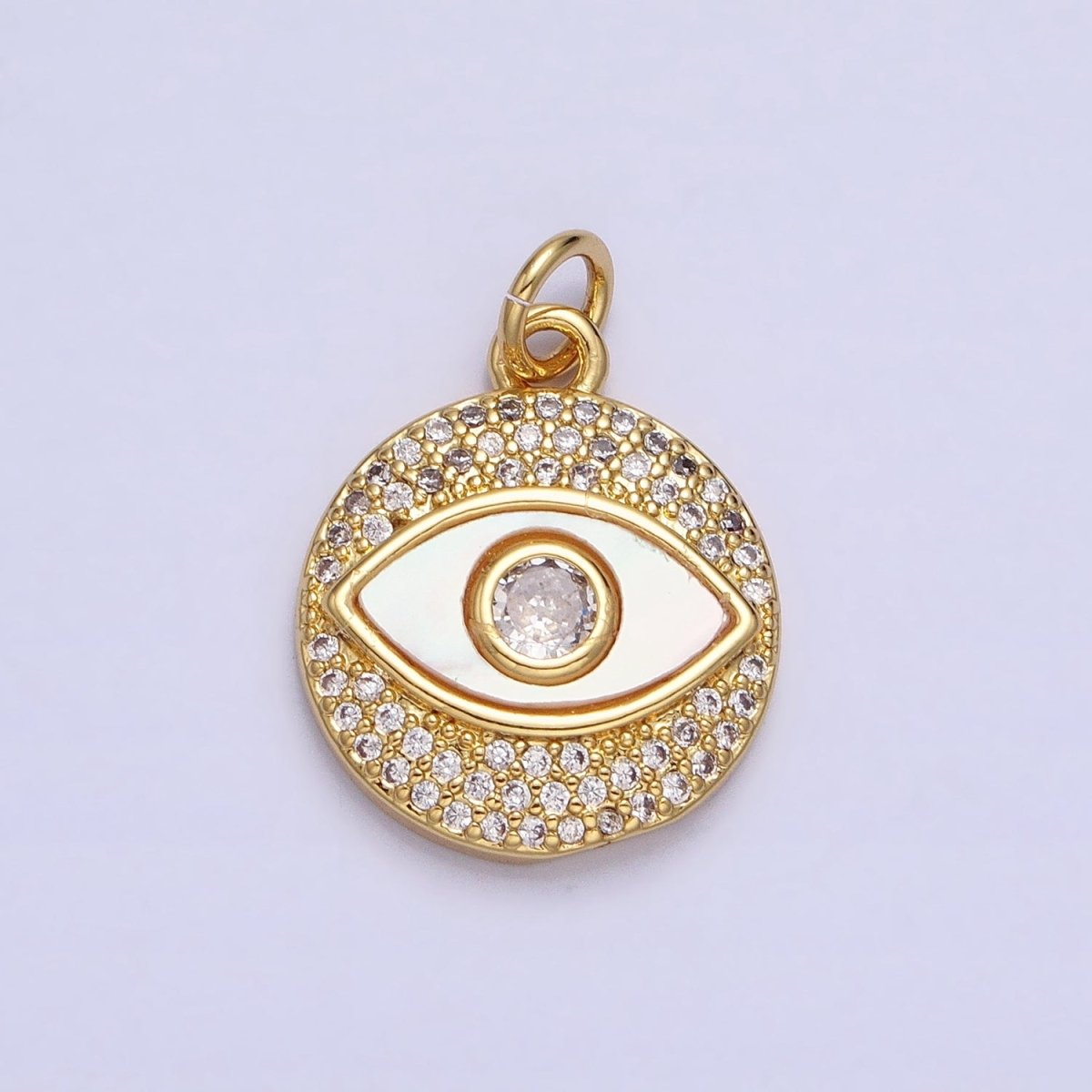 24K Gold Filled Evil Eye Shell Pearl Clear Micro Paved CZ Round Charm | AC590 - DLUXCA