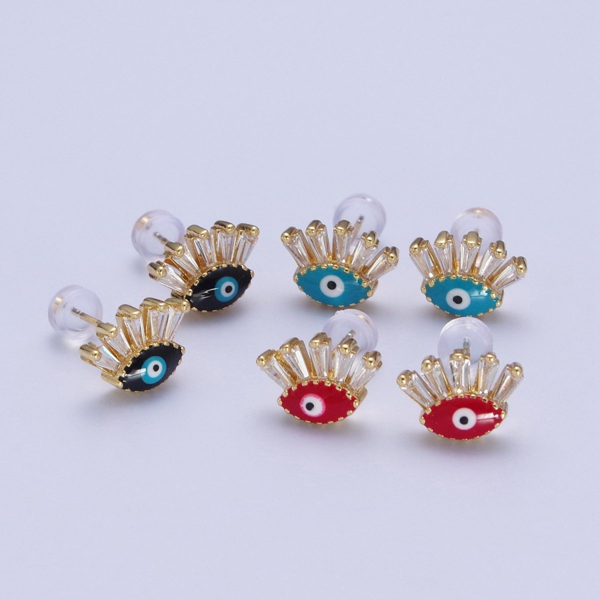 24K Gold Filled Evil Eye Stud Earrings, Blue Red Black Enamel Protection Eye of Ra Jewelry P-388 P-389 P-390