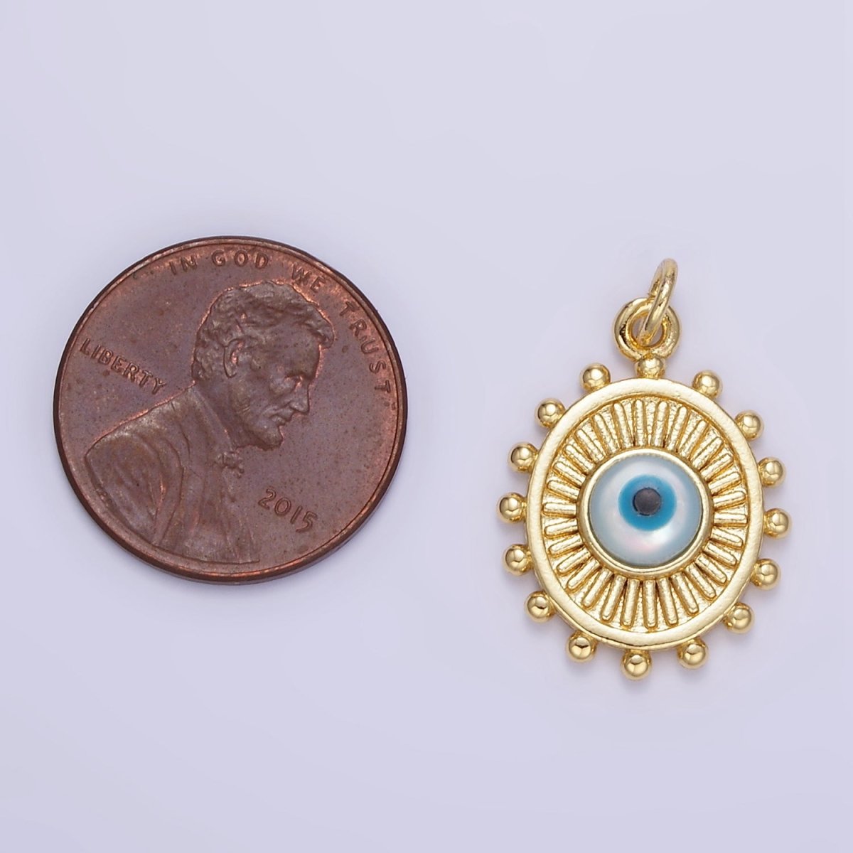 24K Gold Filled Evil Eye Sunburst Dotted Bezel Oval Charm | E364 - DLUXCA