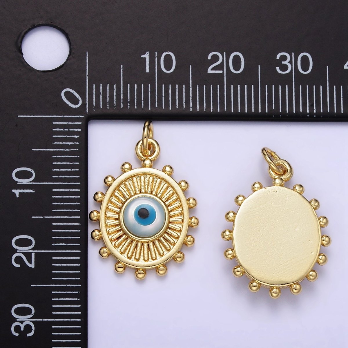 24K Gold Filled Evil Eye Sunburst Dotted Bezel Oval Charm | E364 - DLUXCA