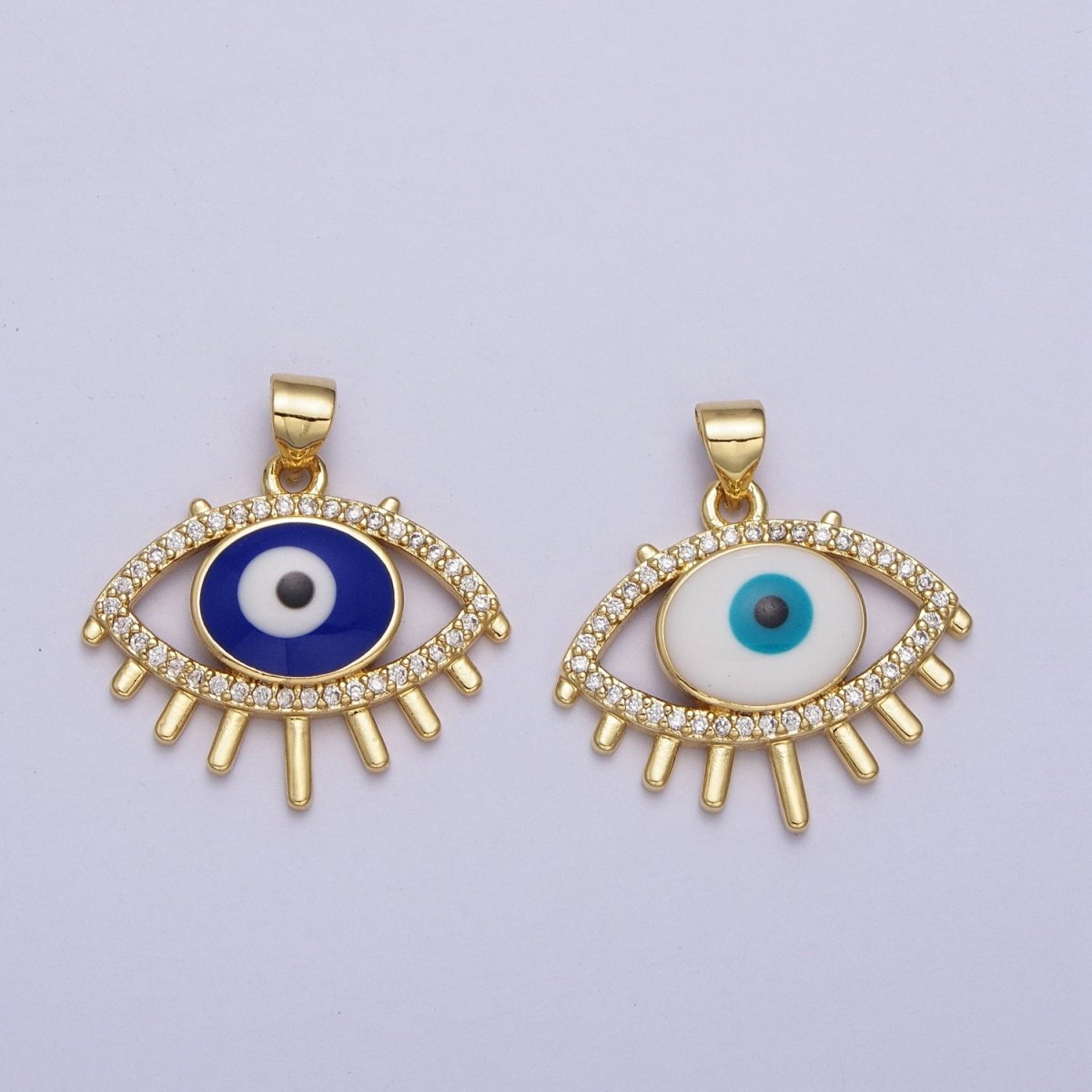 24K Gold Filled Evil Eye White, Blue Enamel Micro Paved CZ Pendant H-304 H-305