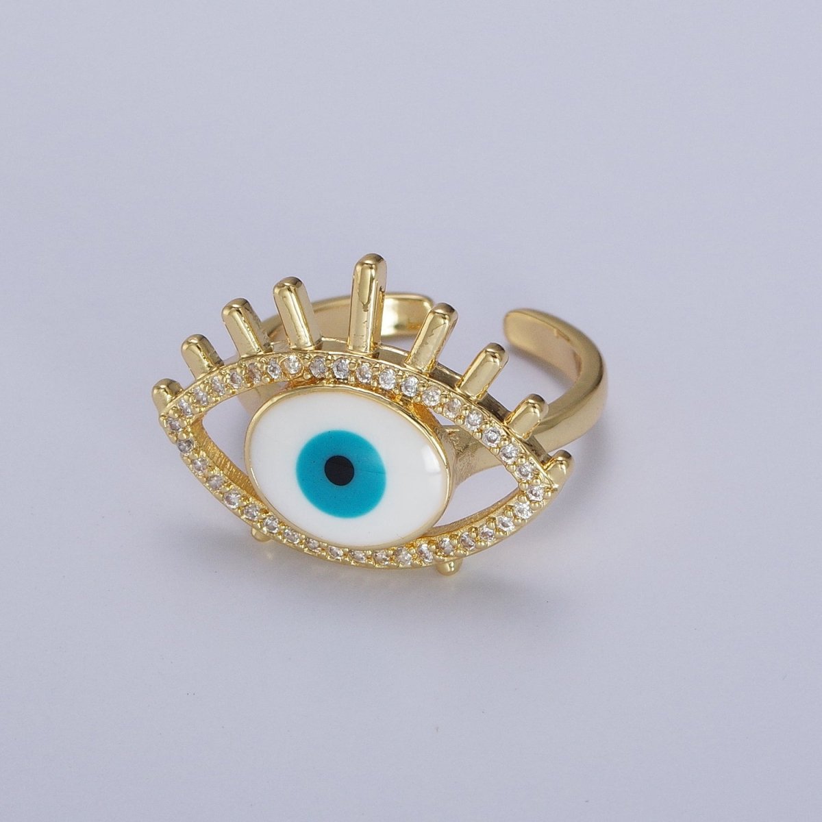 24K Gold Filled Evil Eye White, Blue Enamel Micro Paved CZ Ring | O-197 O-198