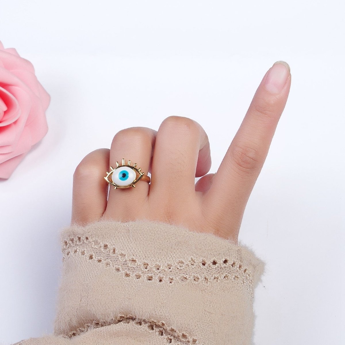 24K Gold Filled Evil Eye White, Blue Enamel Micro Paved CZ Ring | O-197 O-198