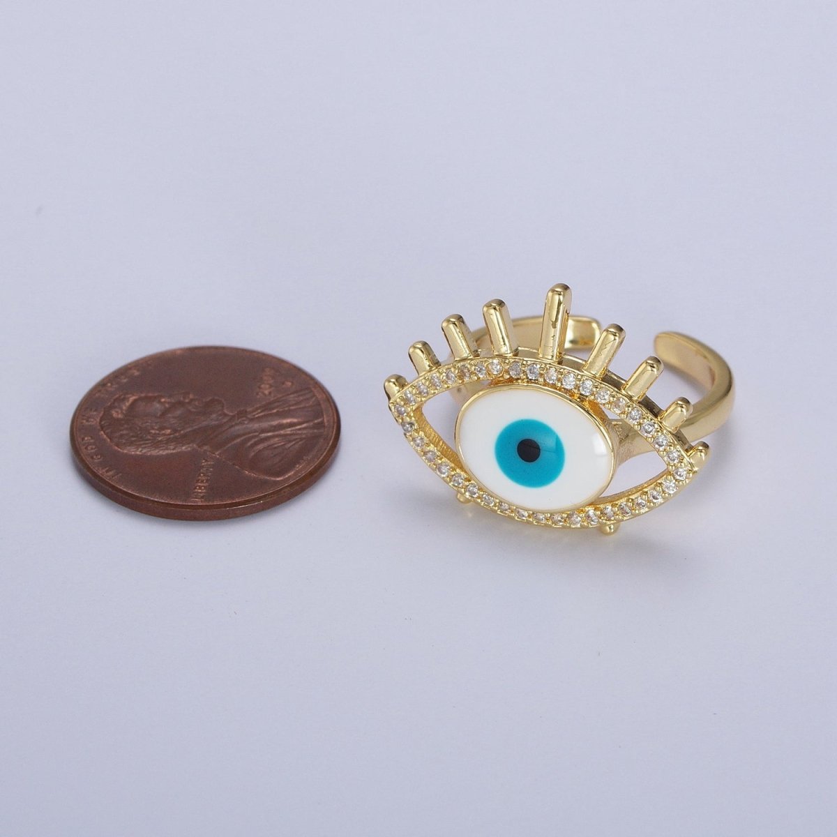 24K Gold Filled Evil Eye White, Blue Enamel Micro Paved CZ Ring | O-197 O-198