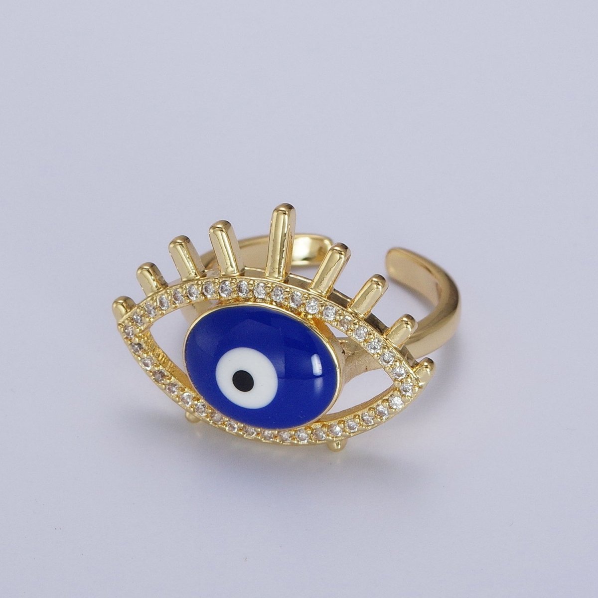 24K Gold Filled Evil Eye White, Blue Enamel Micro Paved CZ Ring | O-197 O-198