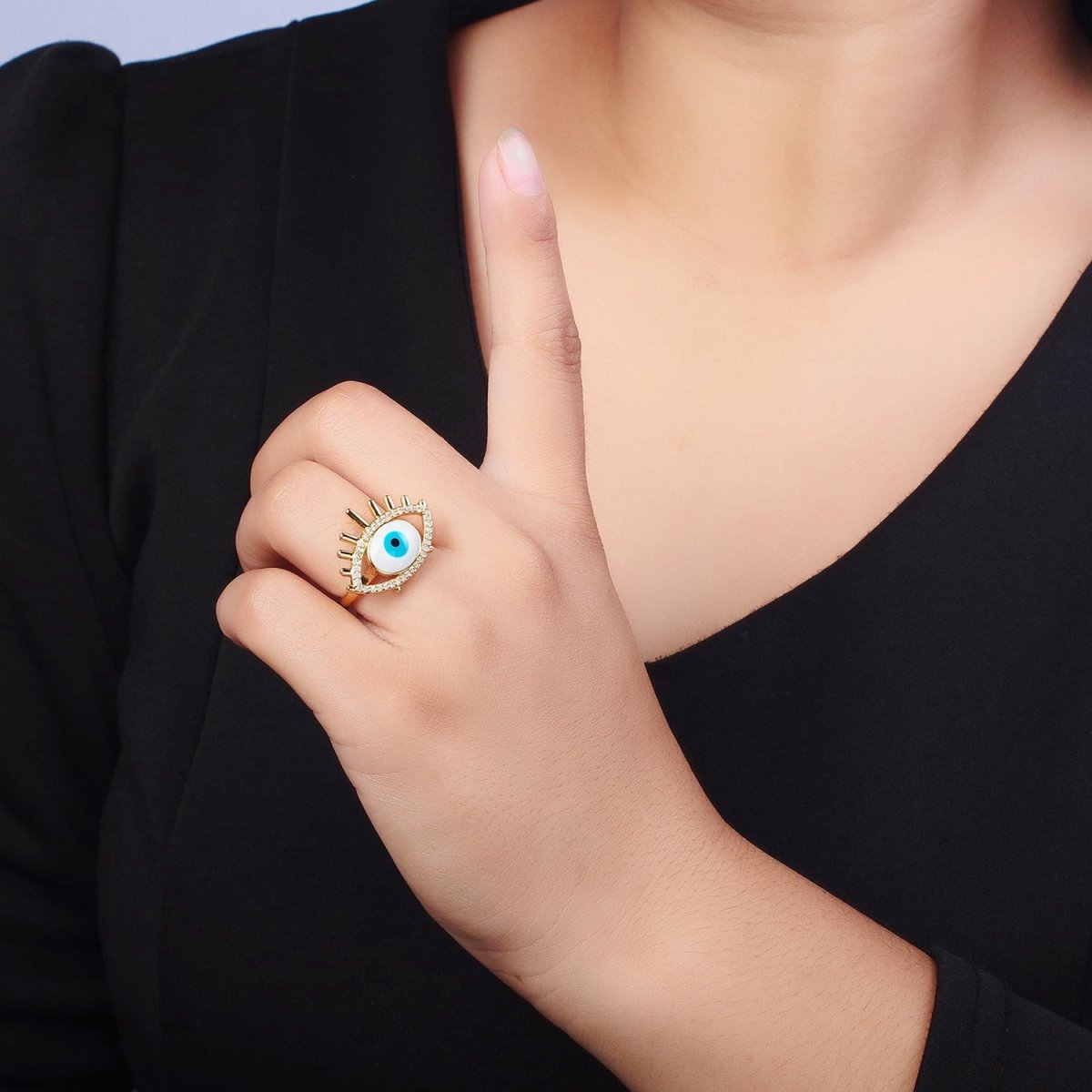 24K Gold Filled Evil Eye White, Blue Enamel Micro Paved CZ Ring | O-197 O-198