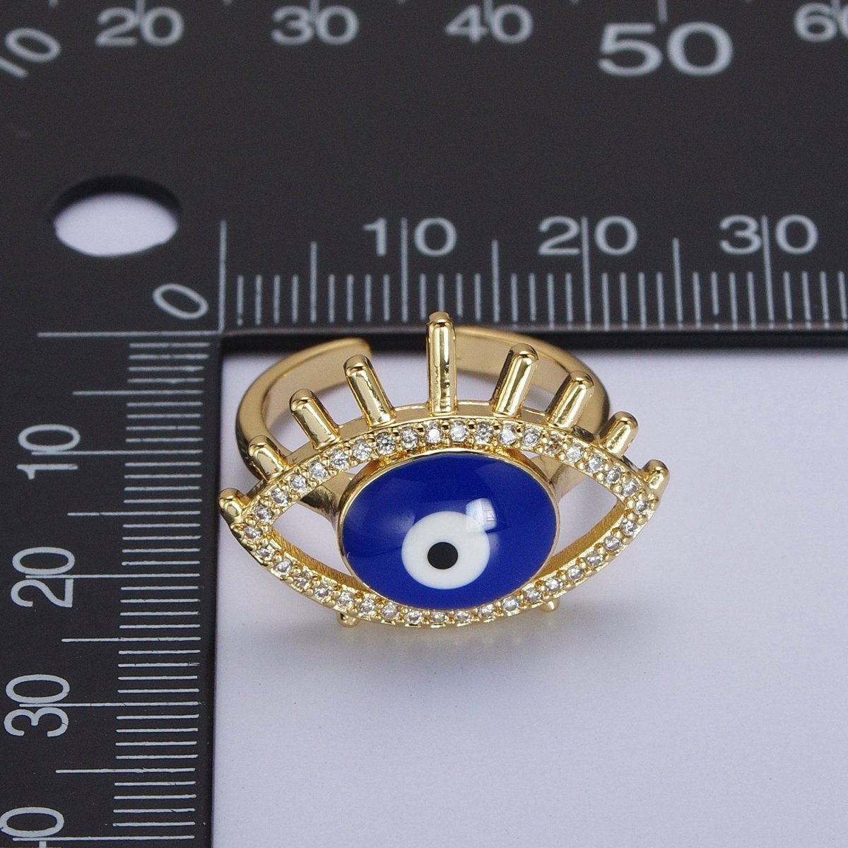 24K Gold Filled Evil Eye White, Blue Enamel Micro Paved CZ Ring | O-197 O-198
