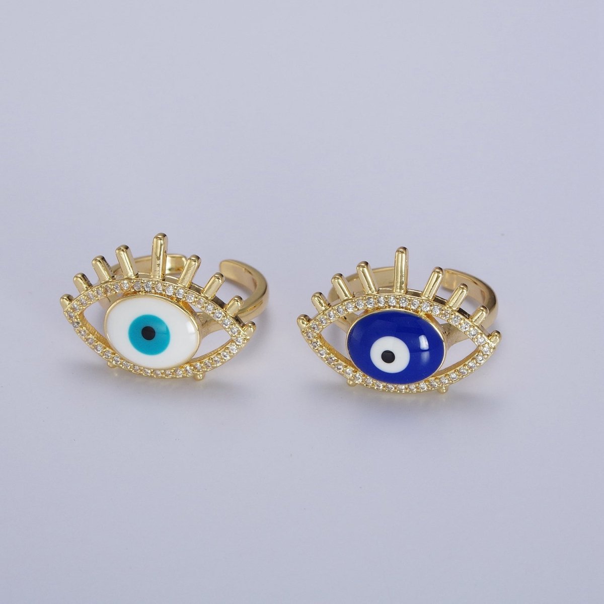24K Gold Filled Evil Eye White, Blue Enamel Micro Paved CZ Ring | O-197 O-198