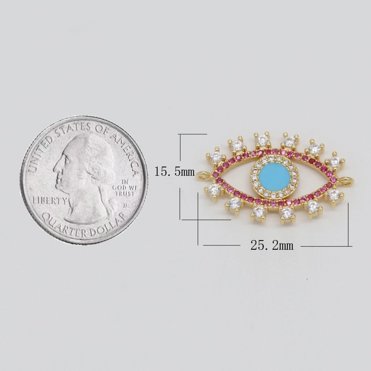 24K Gold Filled eye Charm Connector necklace with Turquoise cubic zirconia | unique evil eye bracelet Connector Link evil eye Double bail charm N-075 - DLUXCA