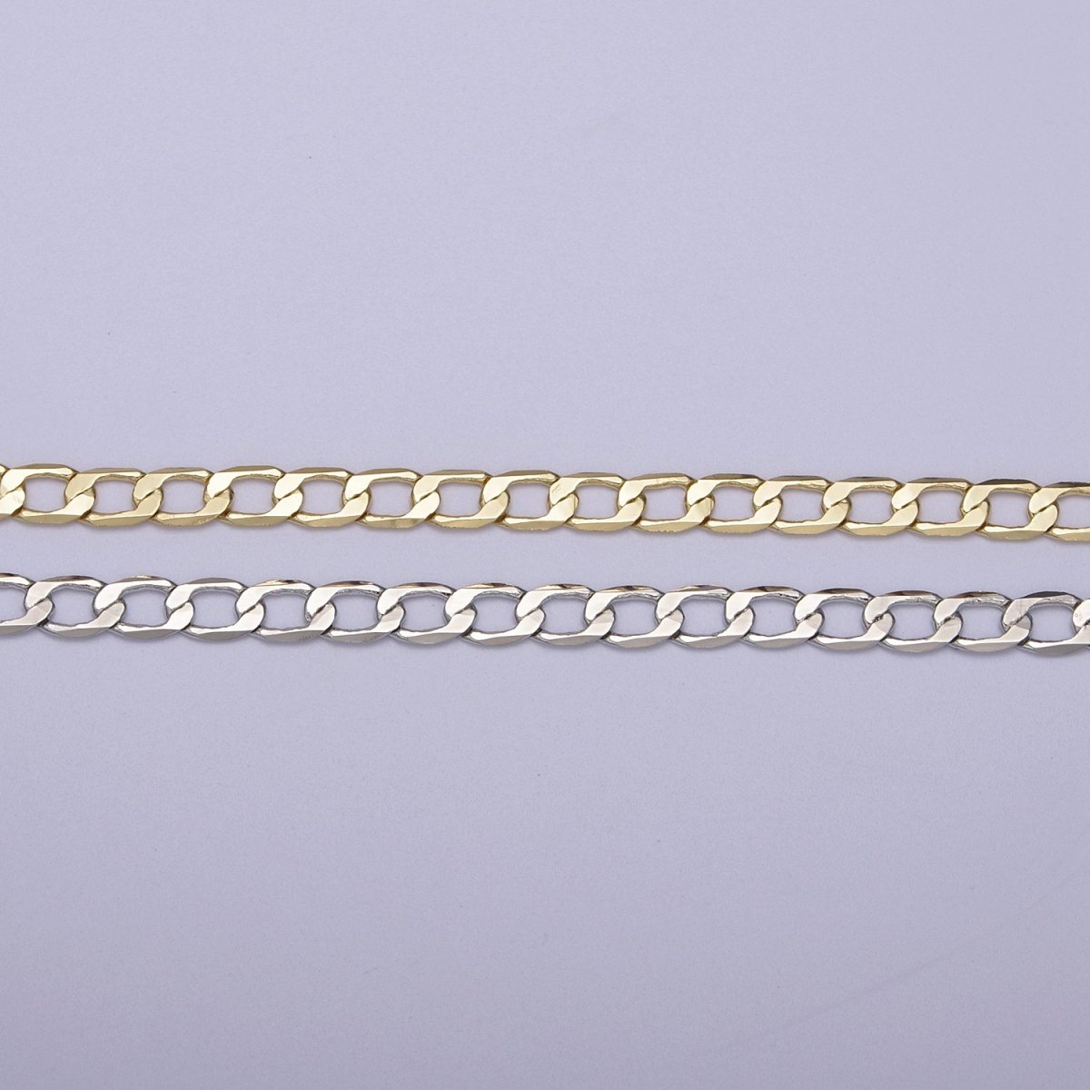 24K Gold Filled Figaro Curb Chain, 4mm Flat Curb Unfinished Chain in Gold & Silver For Jewelry Making | ROLL-666, ROLL-667 Clearance Pricing