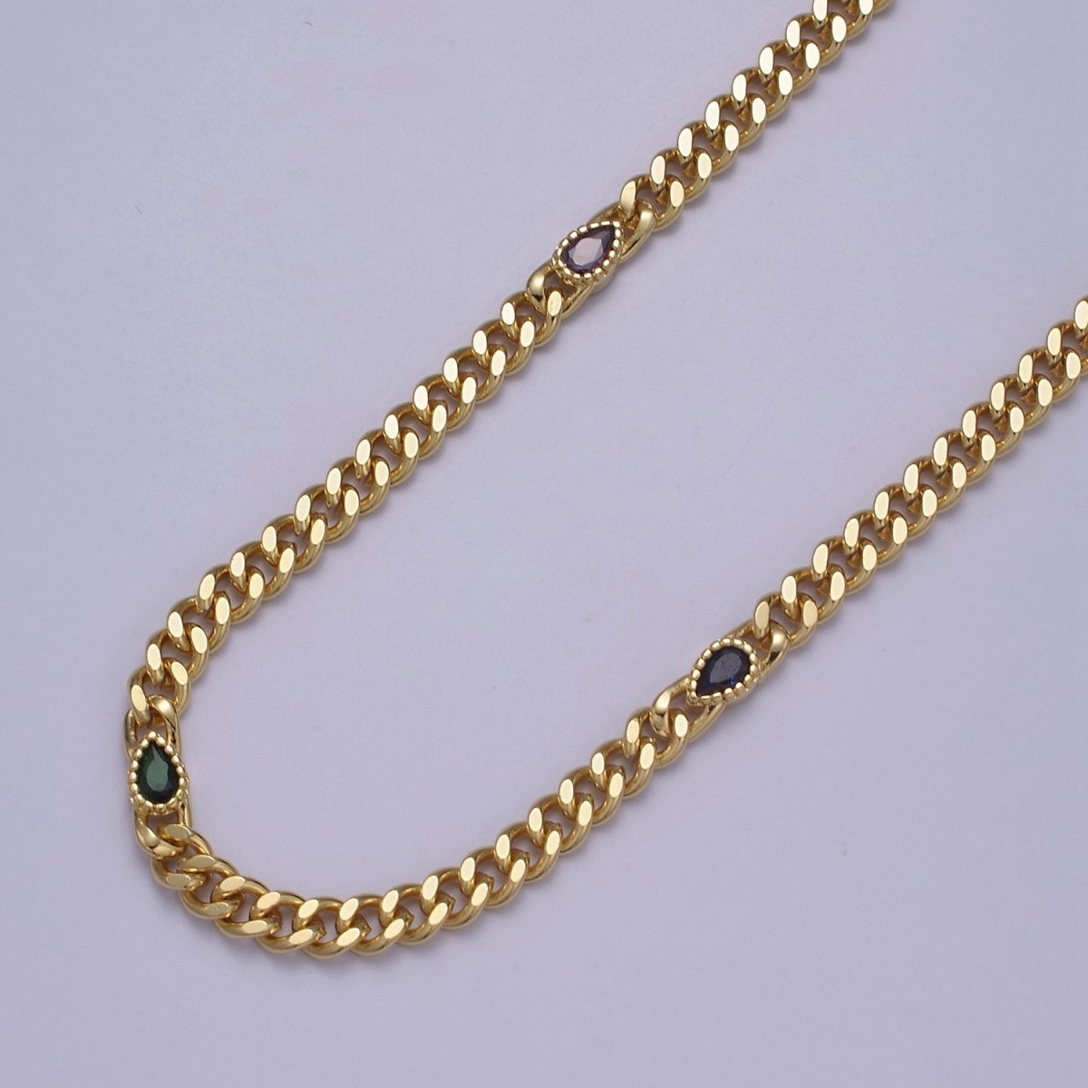 24K Gold Filled Flat Curb Chain with Crystal Cubic Zirconia CZ Teardrop Connector, 4.5mm in Width Unfinished Curb Chain by Meter | WA-1459 WA-1462 WA-1464 WA-1498 Clearance Pricing