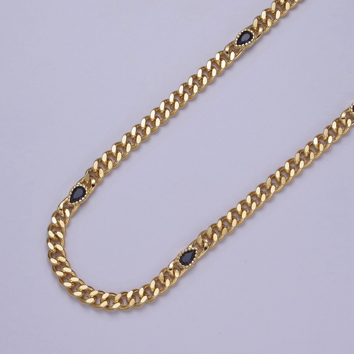 24K Gold Filled Flat Curb Chain with Crystal Cubic Zirconia CZ Teardrop Connector, 4.5mm in Width Unfinished Curb Chain by Meter | WA-1459 WA-1462 WA-1464 WA-1498 Clearance Pricing