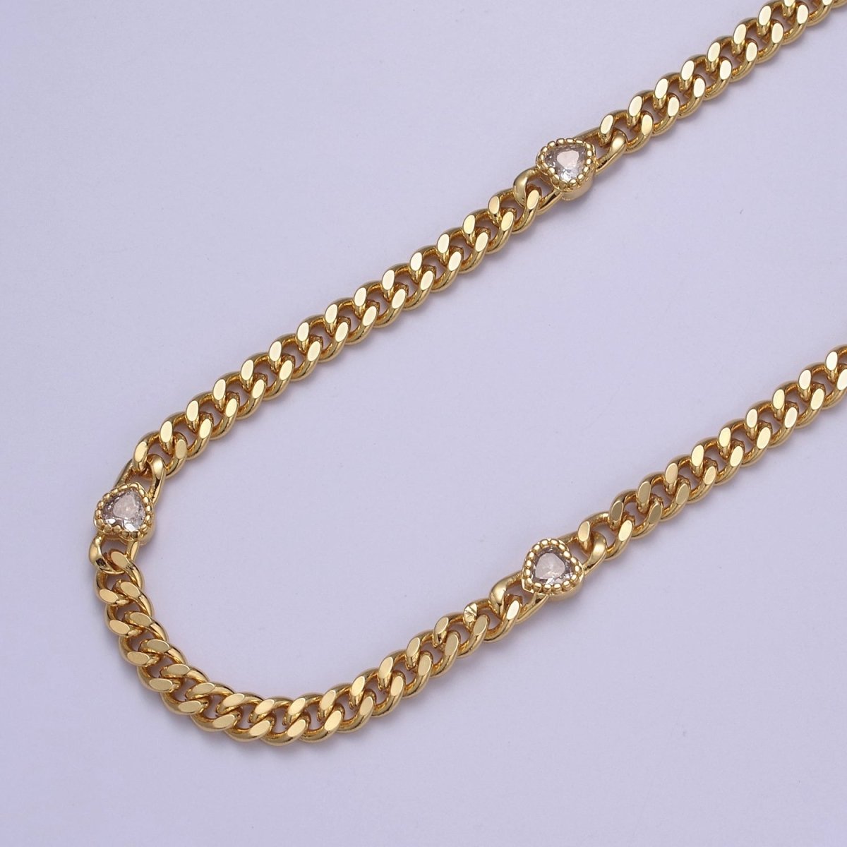 24K Gold Filled Flat Curb Chain with CZ Cubic Zirconia Heart Connector, 4.5mm Width Unfinished Chain For Jewelry Making | WA-1369-WA-1372 Clearance Pricing