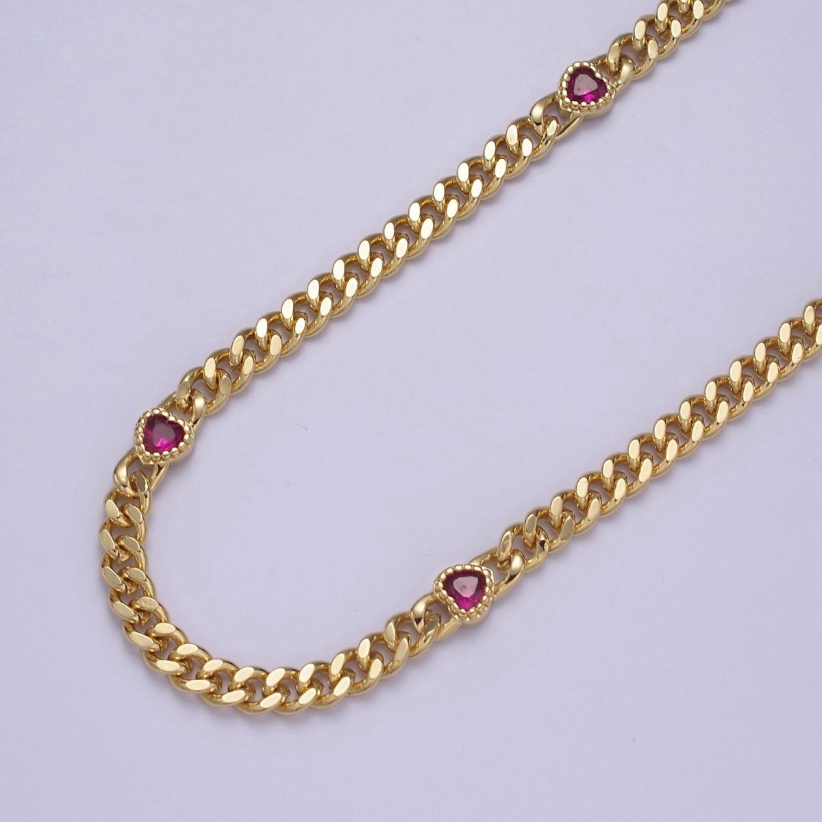 24K Gold Filled Flat Curb Chain with CZ Cubic Zirconia Heart Connector, 4.5mm Width Unfinished Chain For Jewelry Making | WA-1369-WA-1372 Clearance Pricing