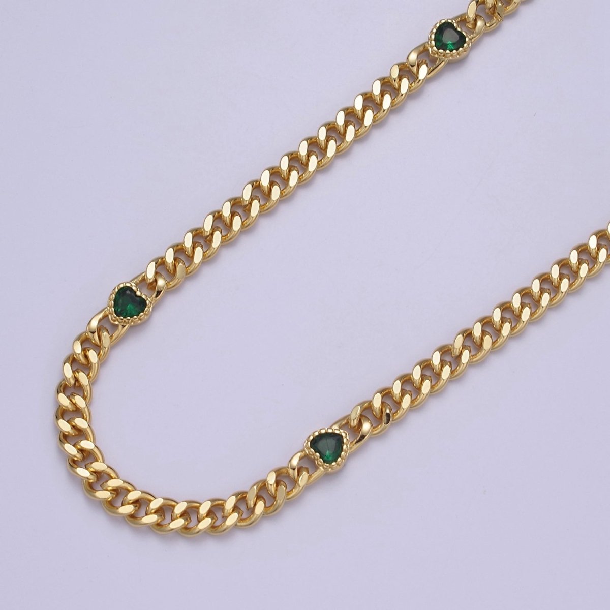 24K Gold Filled Flat Curb Chain with CZ Cubic Zirconia Heart Connector, 4.5mm Width Unfinished Chain For Jewelry Making | WA-1369-WA-1372 Clearance Pricing