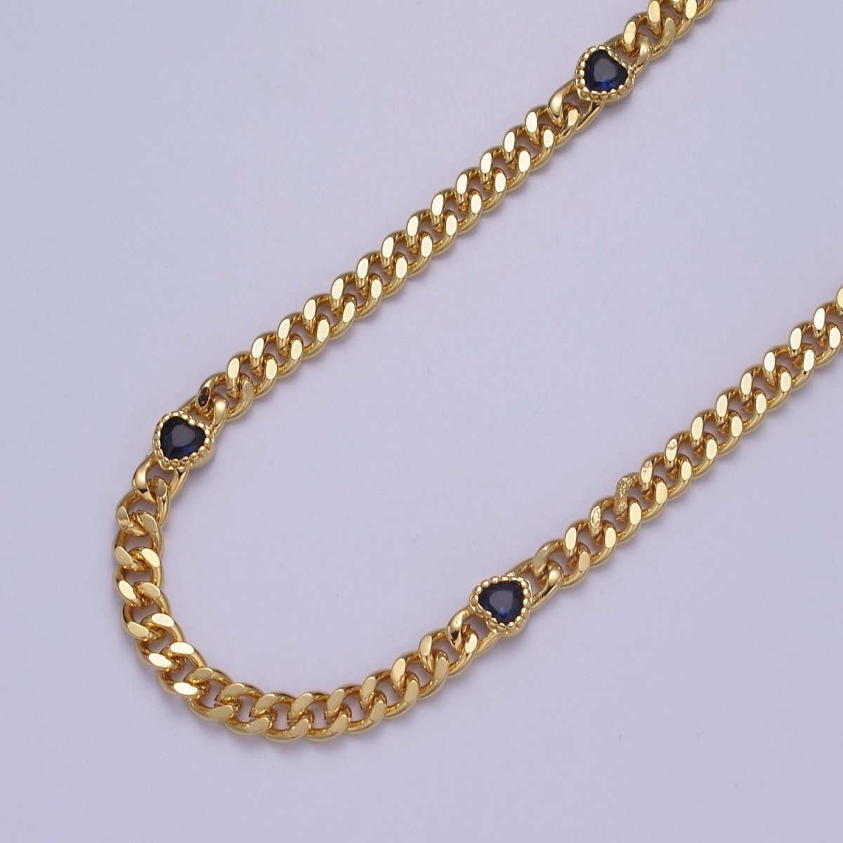 24K Gold Filled Flat Curb Chain with CZ Cubic Zirconia Heart Connector, 4.5mm Width Unfinished Chain For Jewelry Making | WA-1369-WA-1372 Clearance Pricing