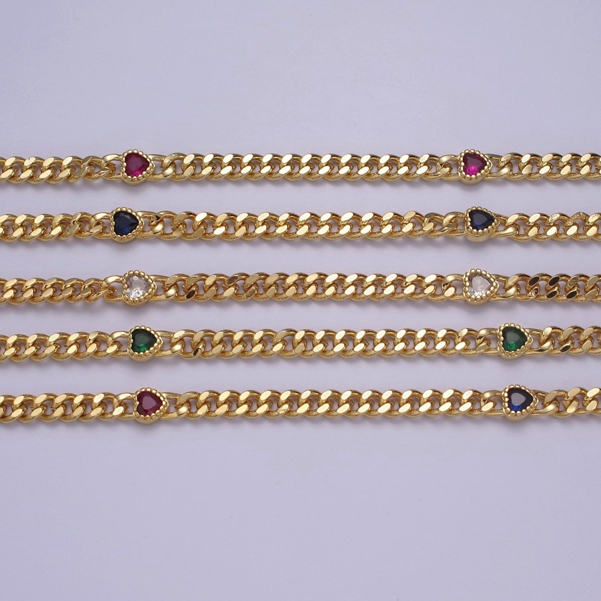 24K Gold Filled Flat Curb Chain with CZ Cubic Zirconia Heart Connector, 4.5mm Width Unfinished Chain For Jewelry Making | WA-1369-WA-1372 Clearance Pricing
