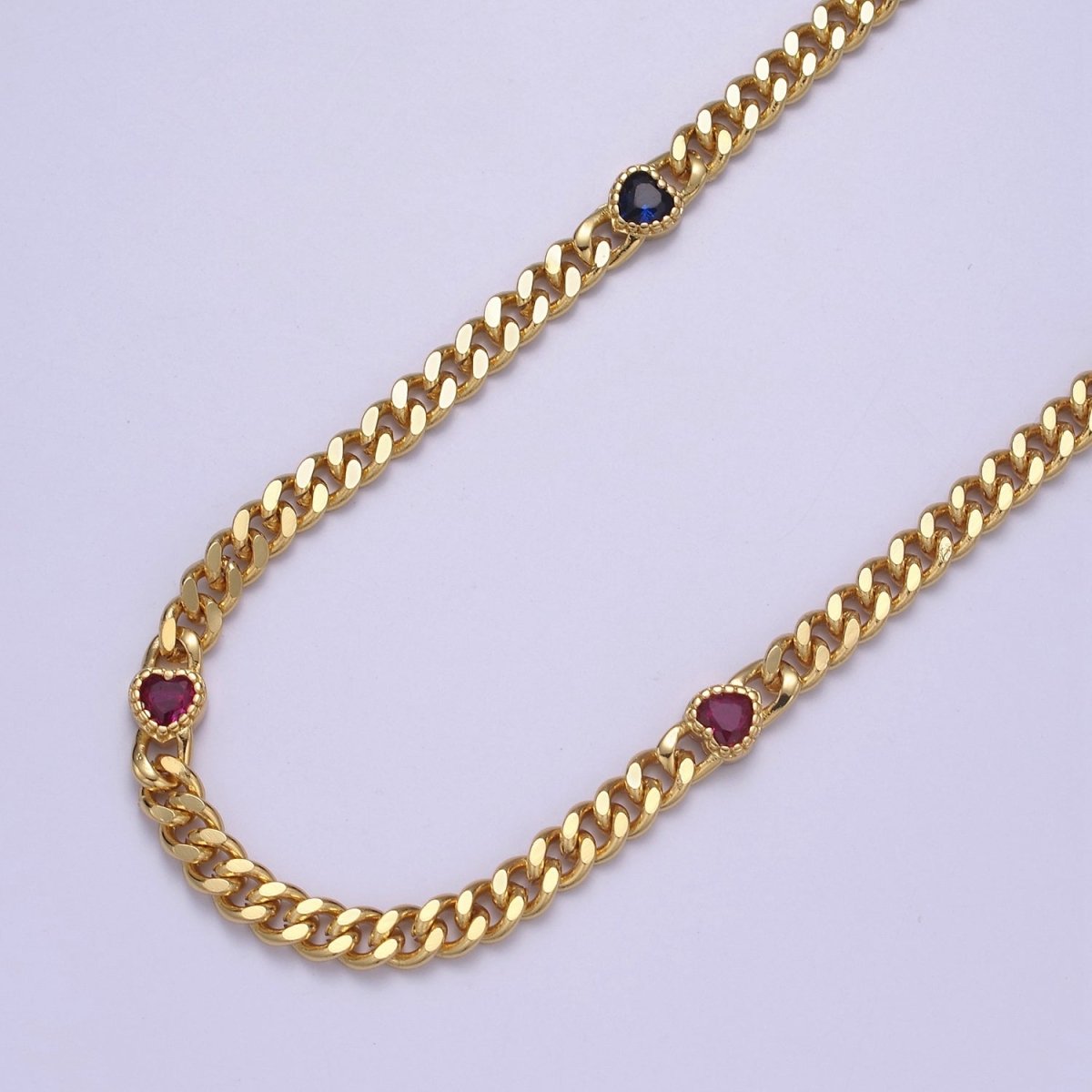 24K Gold Filled Flat Curb Chain with CZ Cubic Zirconia Heart Connector, 4.5mm Width Unfinished Chain For Jewelry Making | WA-1369-WA-1372 Clearance Pricing