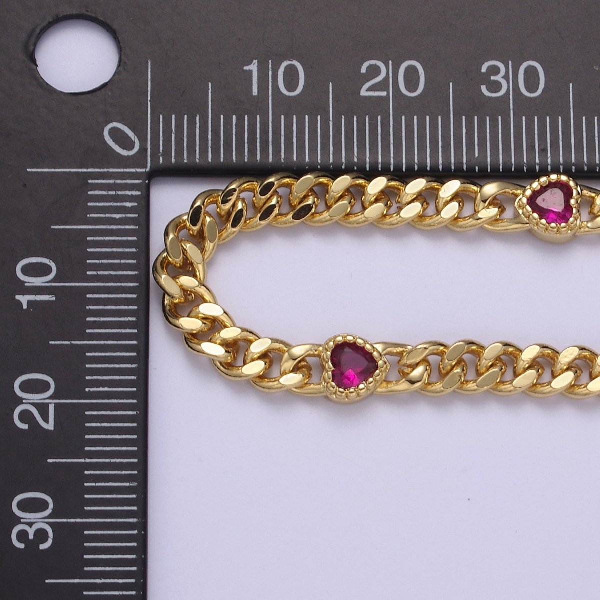 24K Gold Filled Flat Curb Chain with CZ Cubic Zirconia Heart Connector, 4.5mm Width Unfinished Chain For Jewelry Making | WA-1369-WA-1372 Clearance Pricing
