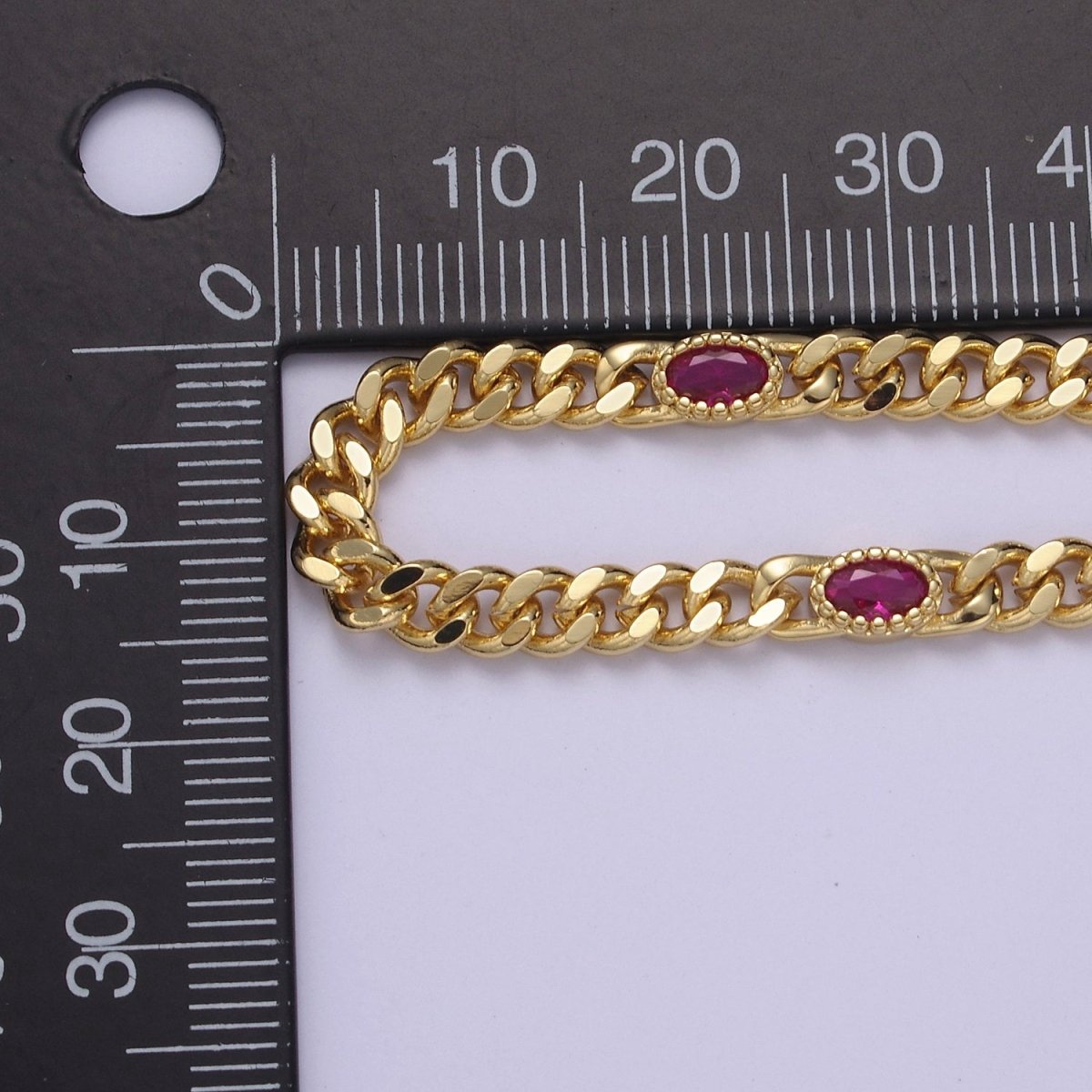 24K Gold Filled Flat Curb Chain with Oval Crystal Cubic Zirconia CZ Connector, 4.5mm in Width Unfinished Curb Chain by Meter | WA-1495 WA-1496 WA-1497 WA-1366 - WA-1367 Clearance Pricing