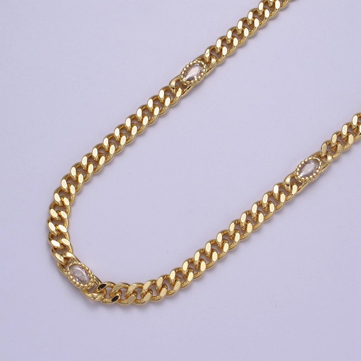 24K Gold Filled Flat Curb Chain with Oval Crystal Cubic Zirconia CZ Connector, 4.5mm in Width Unfinished Curb Chain by Meter | WA-1495 WA-1496 WA-1497 WA-1366 - WA-1367 Clearance Pricing