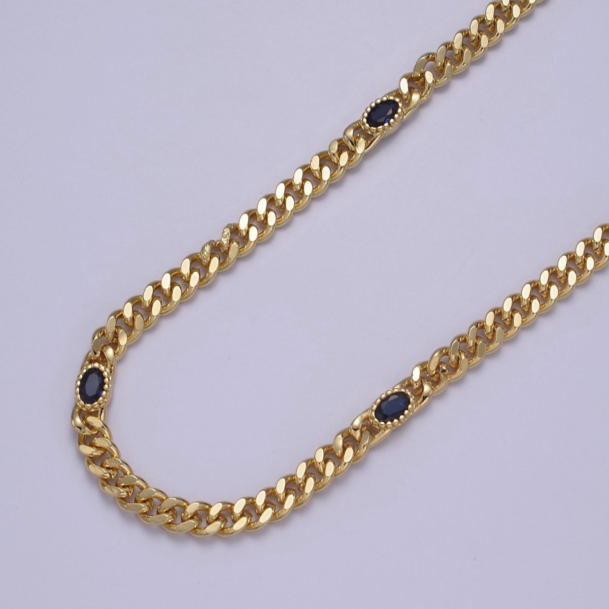 24K Gold Filled Flat Curb Chain with Oval Crystal Cubic Zirconia CZ Connector, 4.5mm in Width Unfinished Curb Chain by Meter | WA-1495 WA-1496 WA-1497 WA-1366 - WA-1367 Clearance Pricing