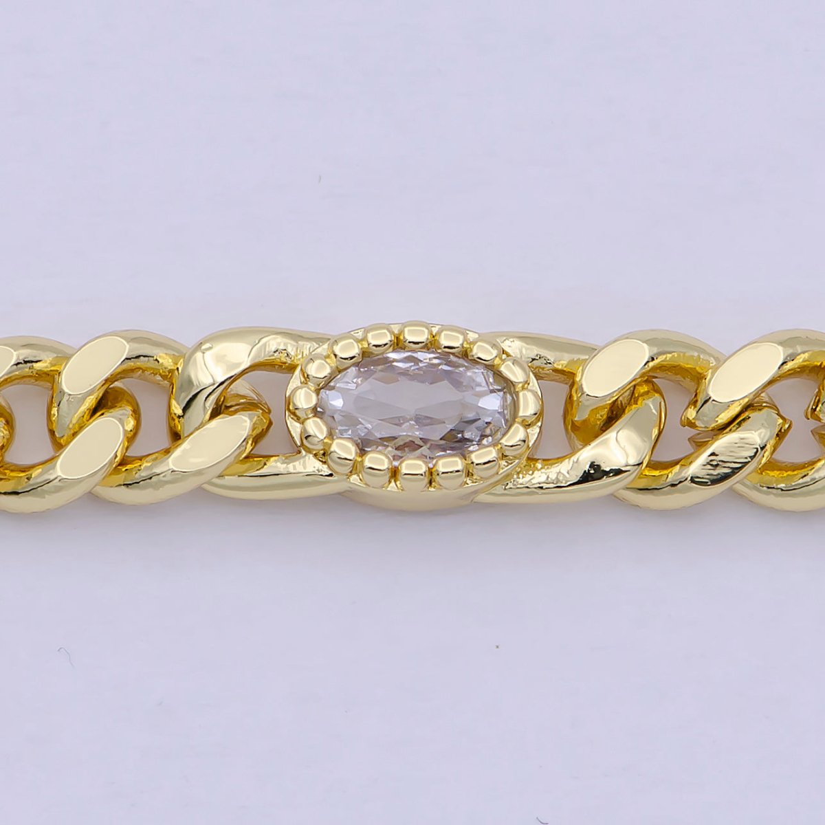 24K Gold Filled Flat Curb Chain with Oval Crystal Cubic Zirconia CZ Connector, 4.5mm in Width Unfinished Curb Chain by Meter | WA-1495 WA-1496 WA-1497 WA-1366 - WA-1367 Clearance Pricing