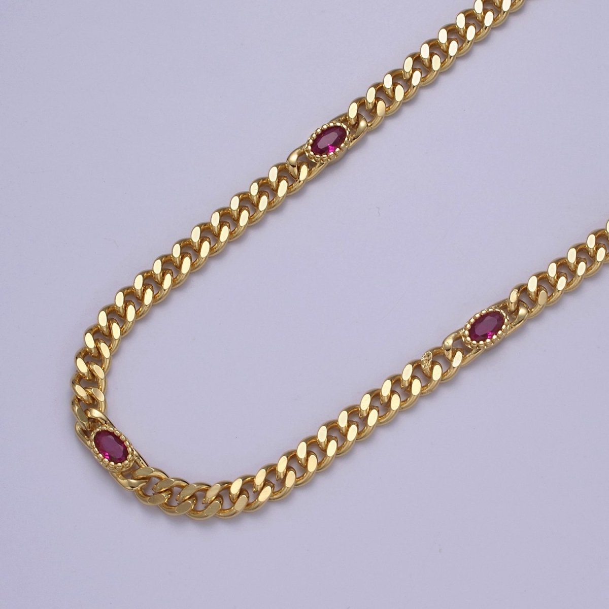 24K Gold Filled Flat Curb Chain with Oval Crystal Cubic Zirconia CZ Connector, 4.5mm in Width Unfinished Curb Chain by Meter | WA-1495 WA-1496 WA-1497 WA-1366 - WA-1367 Clearance Pricing