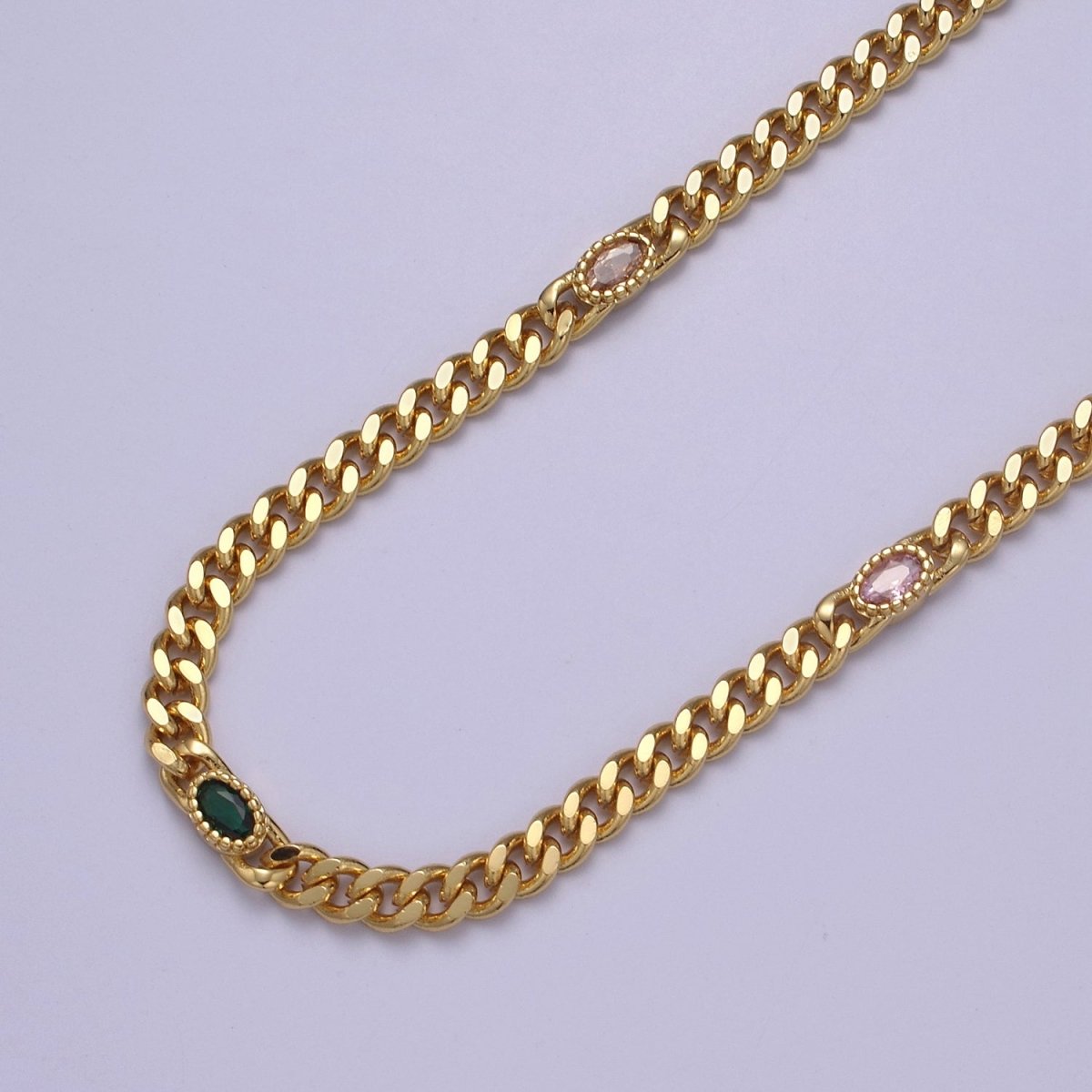 24K Gold Filled Flat Curb Chain with Oval Crystal Cubic Zirconia CZ Connector, 4.5mm in Width Unfinished Curb Chain by Meter | WA-1495 WA-1496 WA-1497 WA-1366 - WA-1367 Clearance Pricing