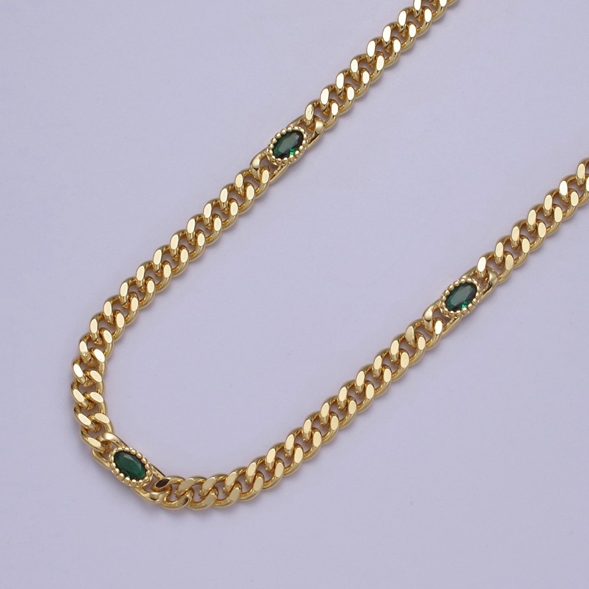 24K Gold Filled Flat Curb Chain with Oval Crystal Cubic Zirconia CZ Connector, 4.5mm in Width Unfinished Curb Chain by Meter | WA-1495 WA-1496 WA-1497 WA-1366 - WA-1367 Clearance Pricing
