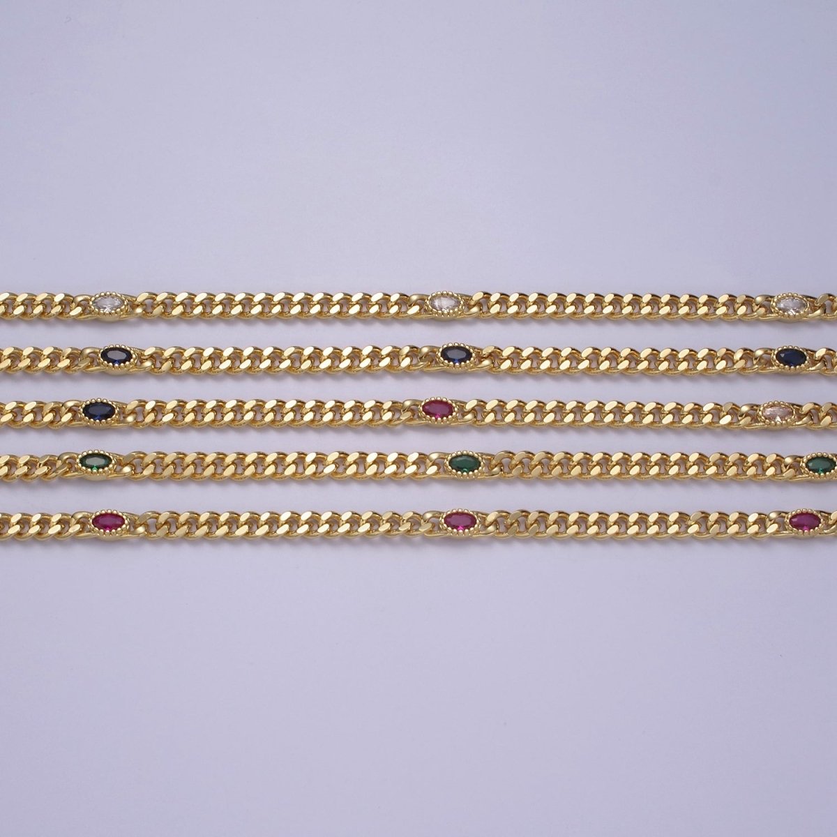 24K Gold Filled Flat Curb Chain with Oval Crystal Cubic Zirconia CZ Connector, 4.5mm in Width Unfinished Curb Chain by Meter | WA-1495 WA-1496 WA-1497 WA-1366 - WA-1367 Clearance Pricing