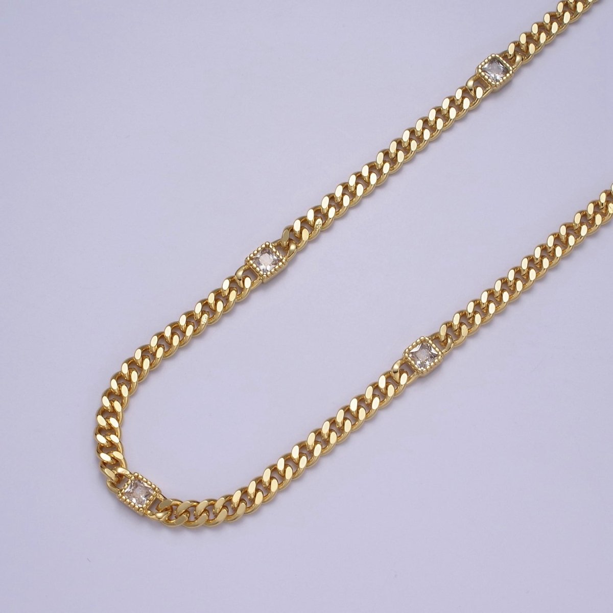 OS 24K Gold Filled Flat Curb Chain with Rectangle CZ Cubic Zirconia Connector, Unfinished Chain by Meter For Jewelry Making |  WA-1492 WA-1493 WA-1494 Clearance Pricing