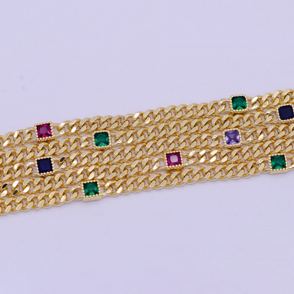 OS 24K Gold Filled Flat Curb Chain with Rectangle CZ Cubic Zirconia Connector, Unfinished Chain by Meter For Jewelry Making |  WA-1492 WA-1493 WA-1494 Clearance Pricing