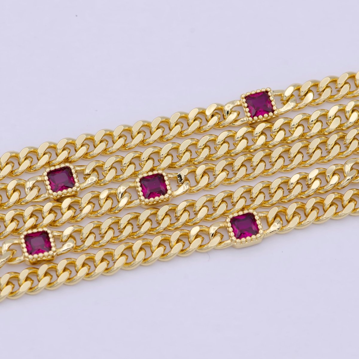 OS 24K Gold Filled Flat Curb Chain with Rectangle CZ Cubic Zirconia Connector, Unfinished Chain by Meter For Jewelry Making |  WA-1492 WA-1493 WA-1494 Clearance Pricing