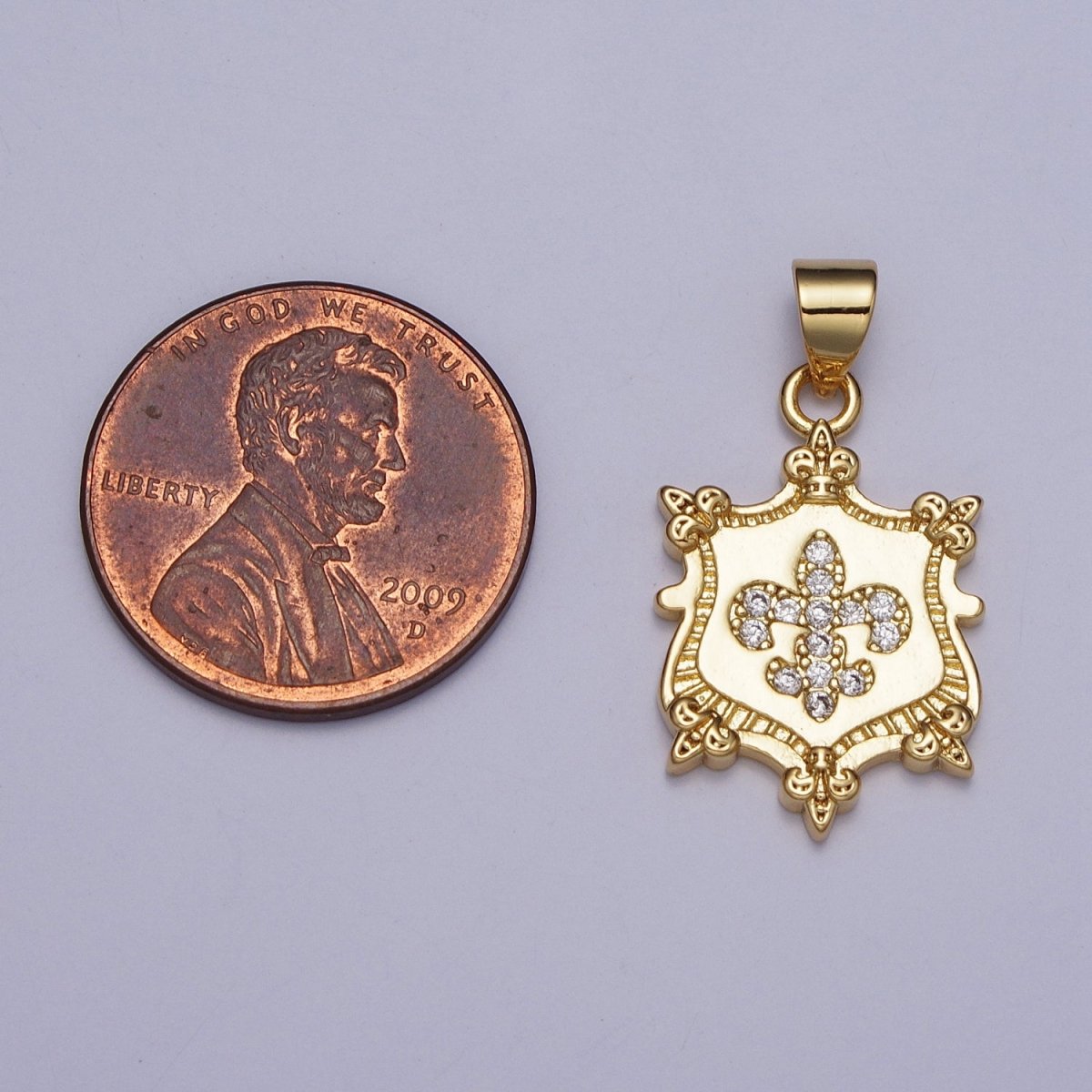 24K Gold Filled Fleur De Lis Clear Micro Paved CZ Crest Shield Pendant | AA077 - DLUXCA