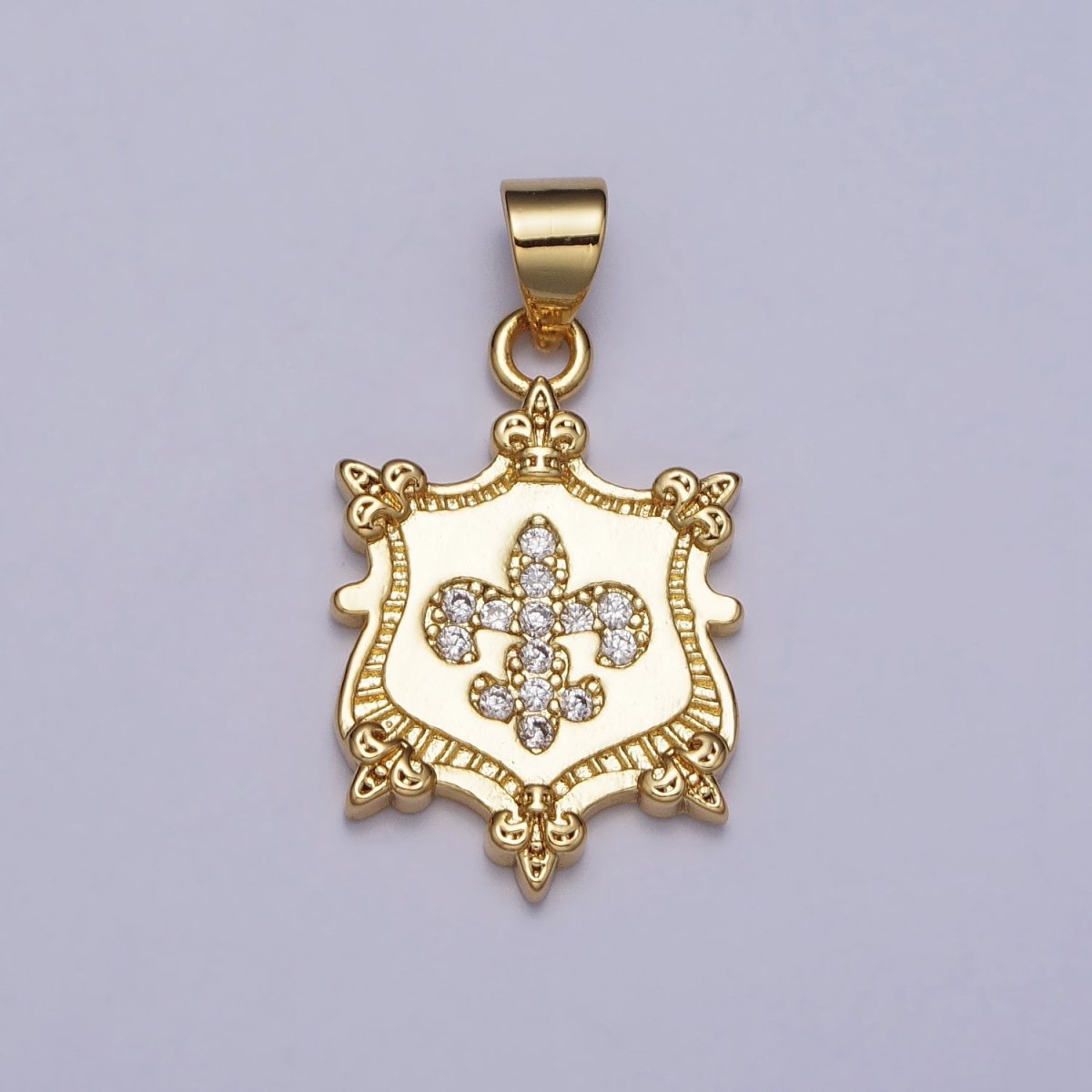 24K Gold Filled Fleur De Lis Clear Micro Paved CZ Crest Shield Pendant | AA077 - DLUXCA