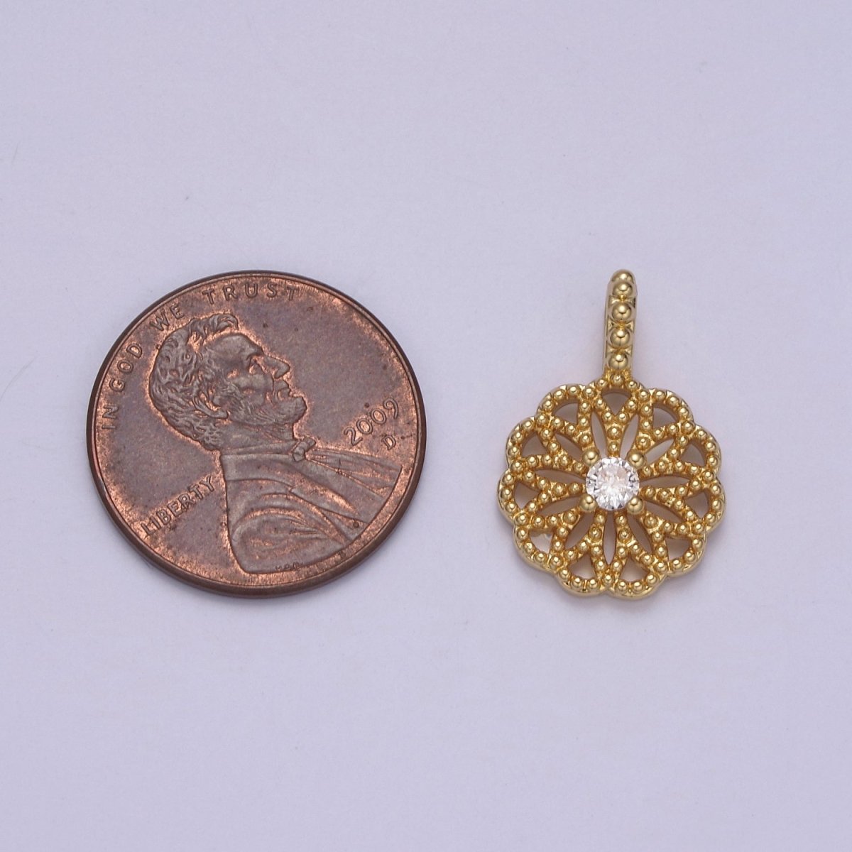 24K Gold Filled Floral Beaded Pendant with Clear CZ in the center for Minimalist Jewelry I-893 - DLUXCA