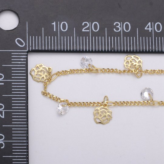 24K Gold Filled Flower Charmed Cubic Chain by Yard, Flower CZ Charm Twisted Curb Chain by Yard | ROLL-322 Clearance Pricing