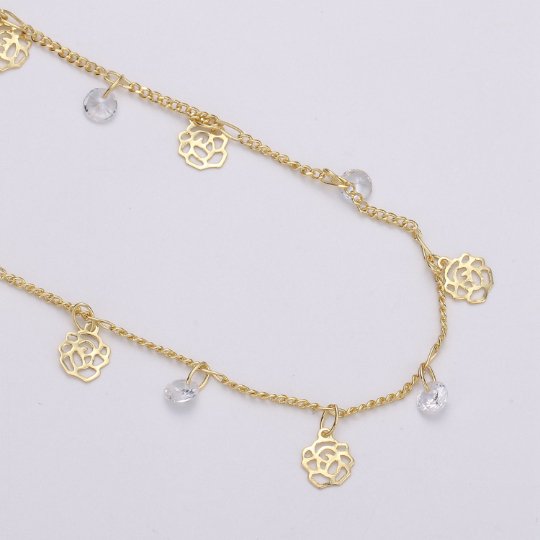 24K Gold Filled Flower Charmed Cubic Chain by Yard, Flower CZ Charm Twisted Curb Chain by Yard | ROLL-322 Clearance Pricing