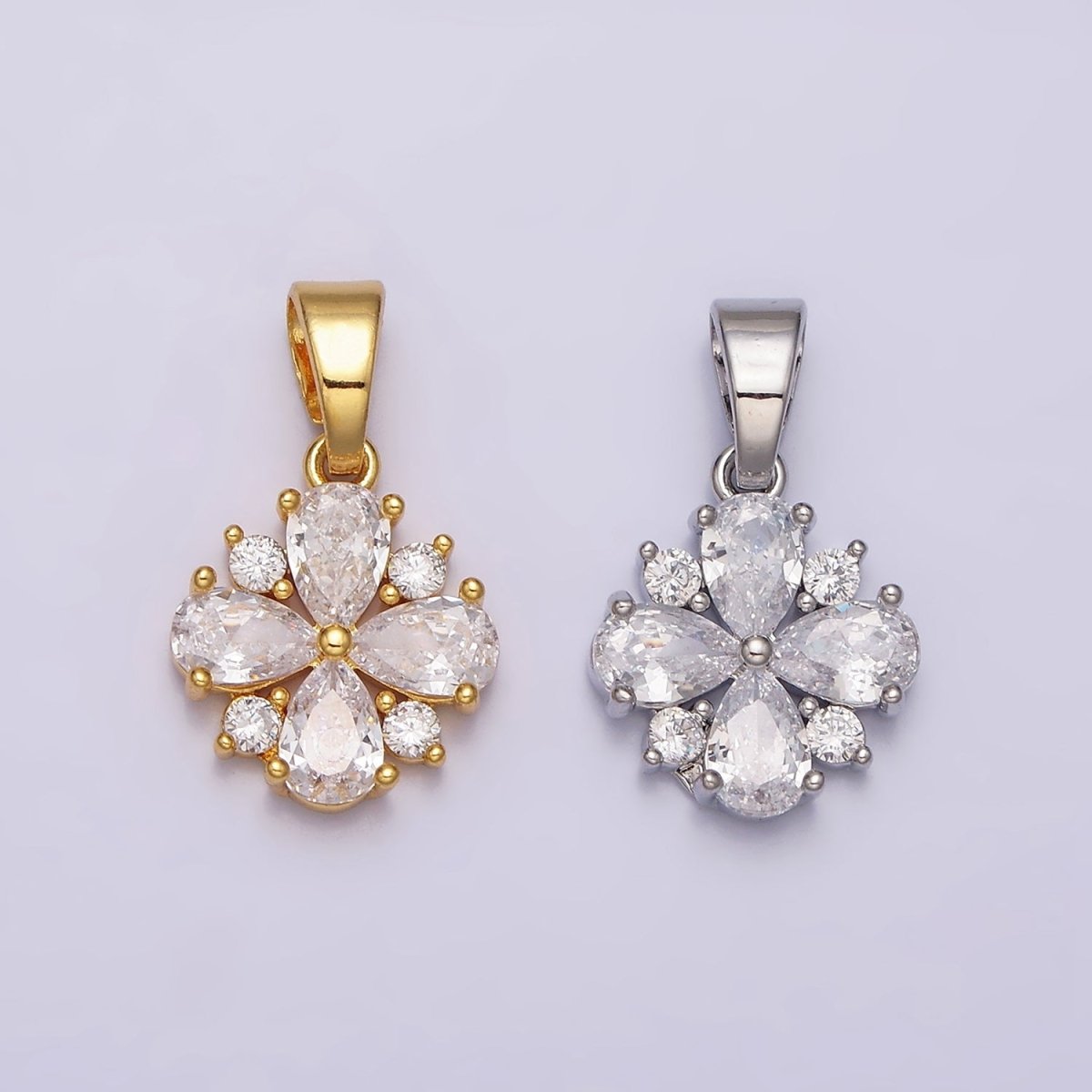 24K Gold Filled Flower Double Petal Teardrop Pendant in Gold & Silver | AA447 AA448