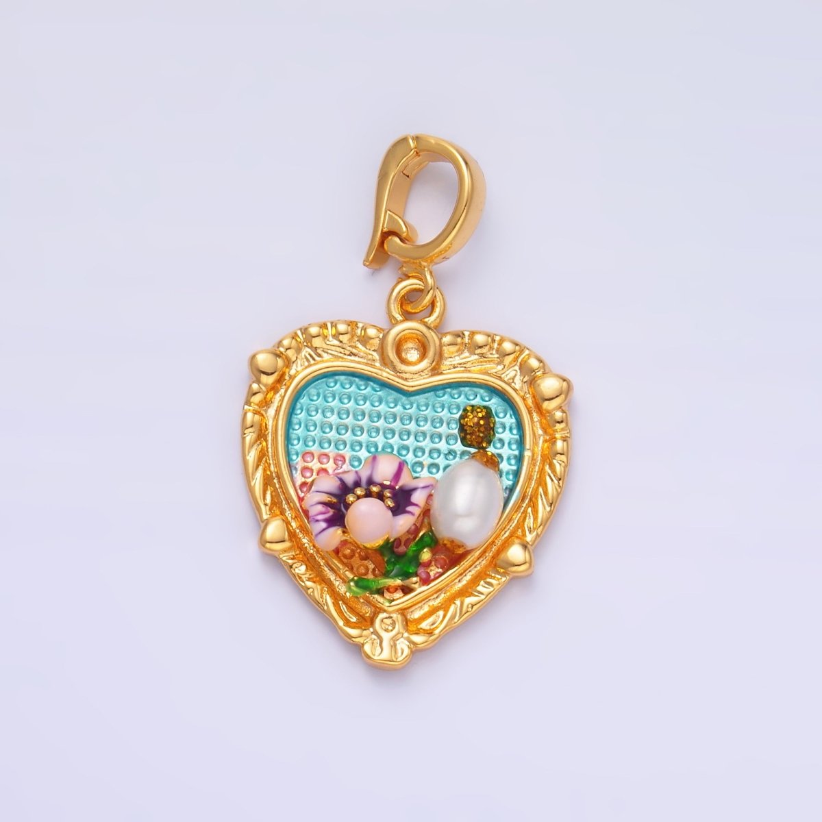 24K Gold Filled Flower Garden Heart Enamel Charm with Snap Bail Pendant | AA - 1470 - DLUXCA