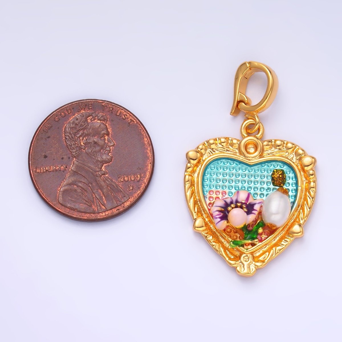 24K Gold Filled Flower Garden Heart Enamel Charm with Snap Bail Pendant | AA - 1470 - DLUXCA