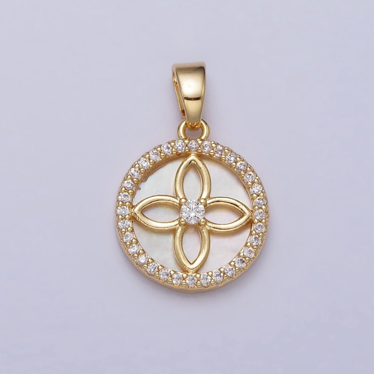 24K Gold Filled Flower Shell Pearl Clear Micro Paved CZ Round Pendant | AA115 - DLUXCA