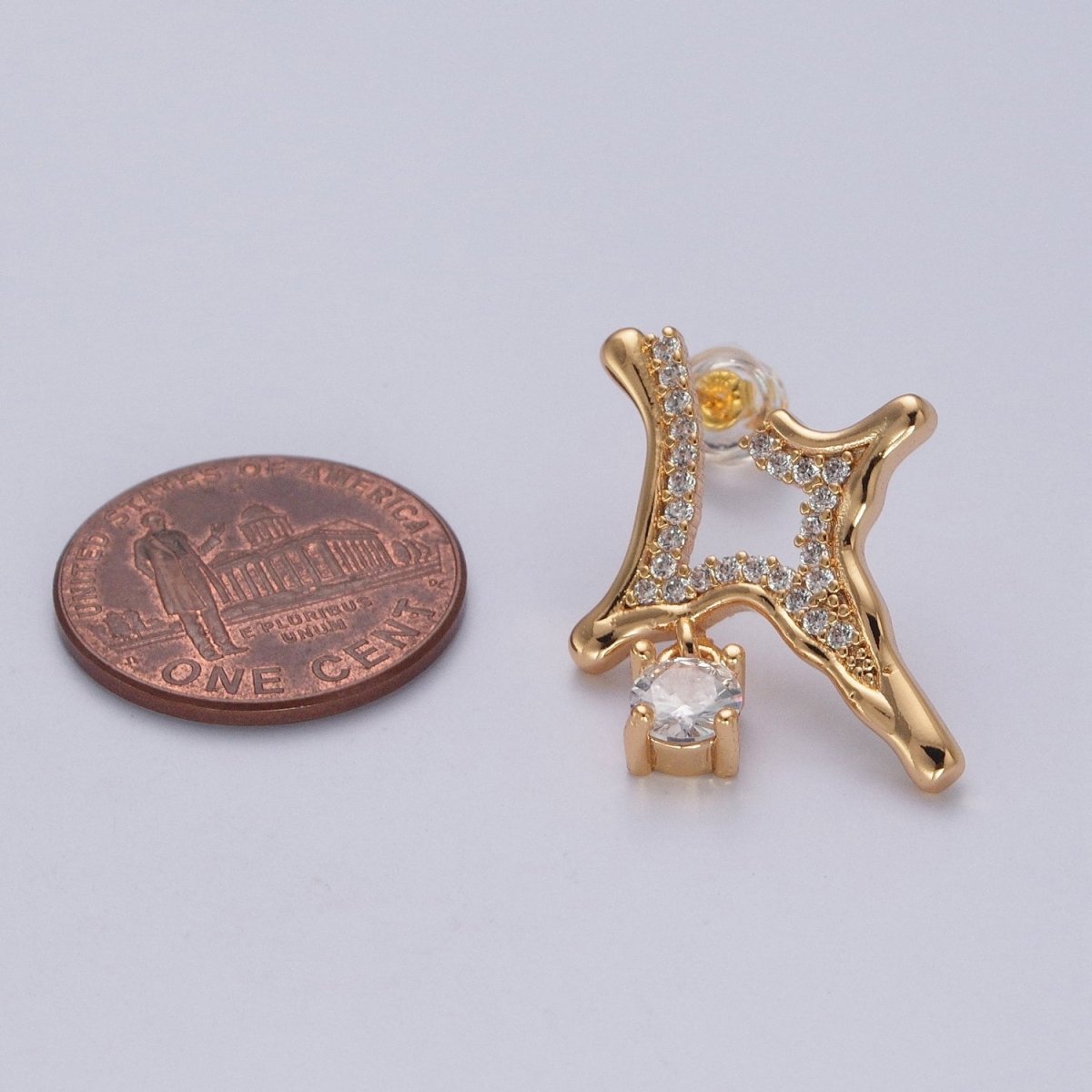 24K Gold Filled Four Pointed North Star, Micro Pave Cubic Zirconia Geometric Hammered Celestial Star Stud Earrings P-339 - DLUXCA