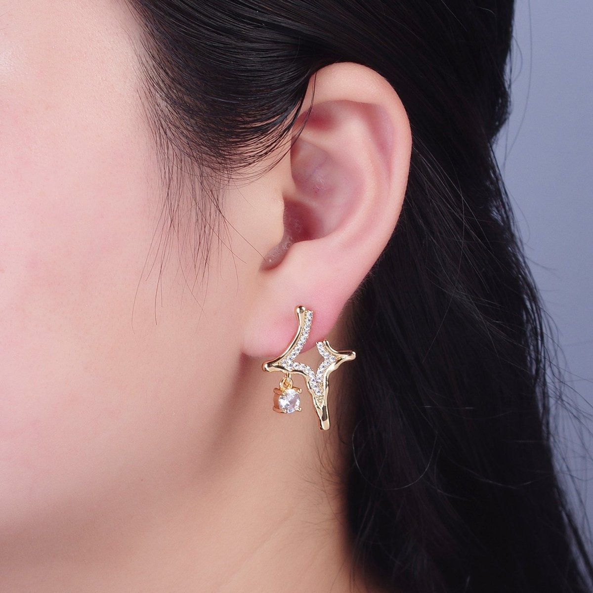 24K Gold Filled Four Pointed North Star, Micro Pave Cubic Zirconia Geometric Hammered Celestial Star Stud Earrings P-339 - DLUXCA