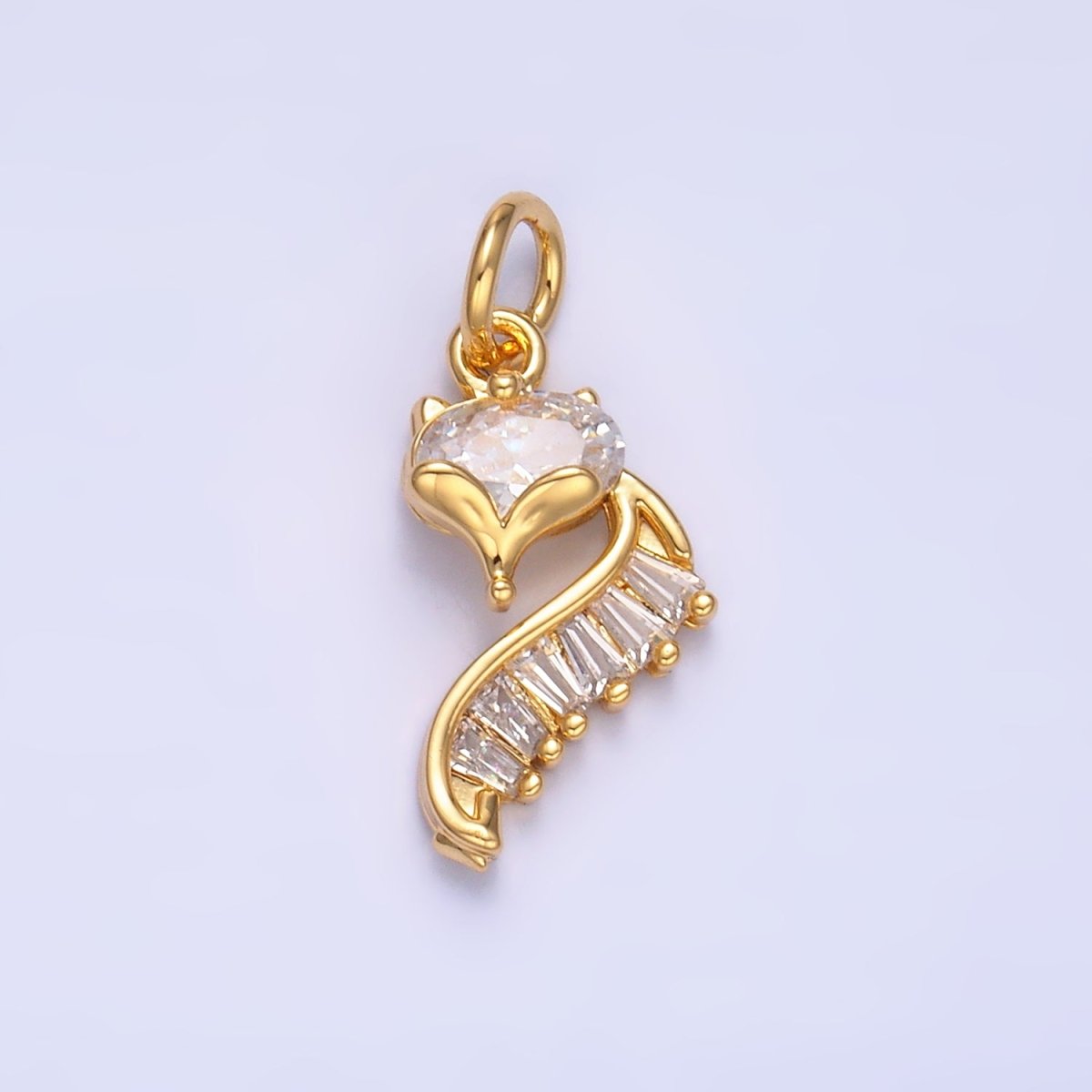 24K Gold Filled Fox Cat Baguette CZ Curve Silhouette Charm in Gold & Silver | W447
